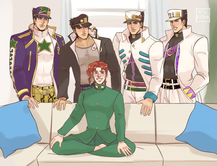 5boys couch diamond_is_unbreakable hell_nah hi_res imminent_gangbang jojo's_bizarre_adventure jotaro_kujo male_focus male_only meme noriaki_kakyoin piper_perri_surrounded piper_perri_surrounded_(meme) stardust_crusaders stone_ocean vento_aureo