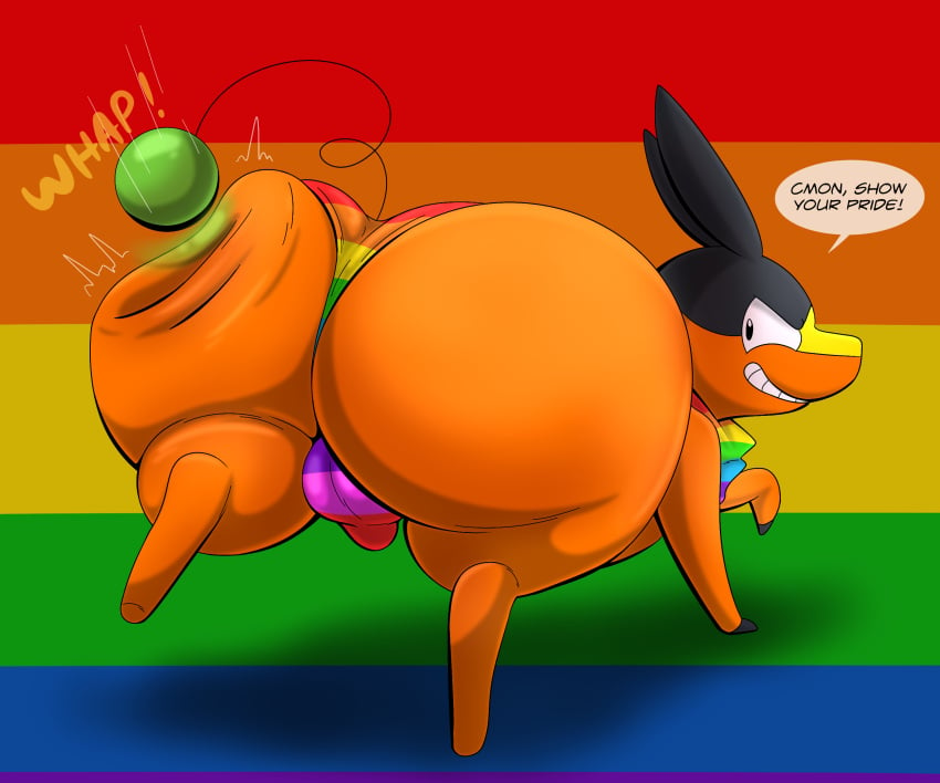 ass axel_the_tepig big_butt bulge butt_slap clothing detailed_bulge dialogue feral generation_5_pokemon hi_res kerchief lgbt_pride looking_back male neckerchief nintendo pokemon pokemon_(species) presenting presenting_hindquarters pride_color_clothing pride_color_underwear pride_colors slap solo spanking spanking_self tepig tepigfan101 thong underwear