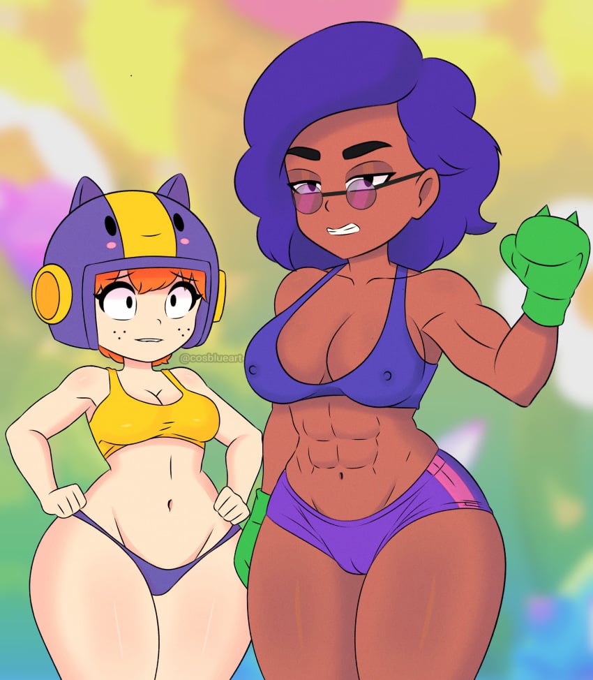 bea_(brawl_stars) big_breasts big_nipples brawl_stars cosblueart fat_woman muscular_female rosa_(brawl_stars) skindentation thighs thighs_together underwear