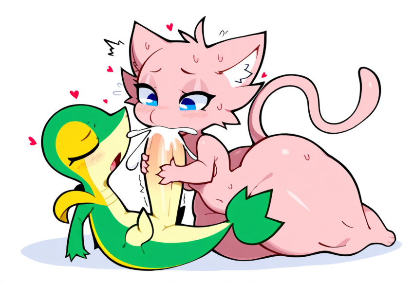 ai_generated anthro big_penis blue_eyes blush bodily_fluids closed_eyes cum cum_in_mouth cum_inside duo ejaculation erection felid feline fellatio female feral fur generation_1_pokemon generation_5_pokemon genital_fluids genitals heart hellsonger hi_res interspecies legendary_pokemon male male/female mammal mew nintendo nude open_mouth oral oral_penetration orgasm penetration penile penis pokemon pokemon_(species) reptile scalie sex simple_background small_but_hung snivy sweat tongue white_background