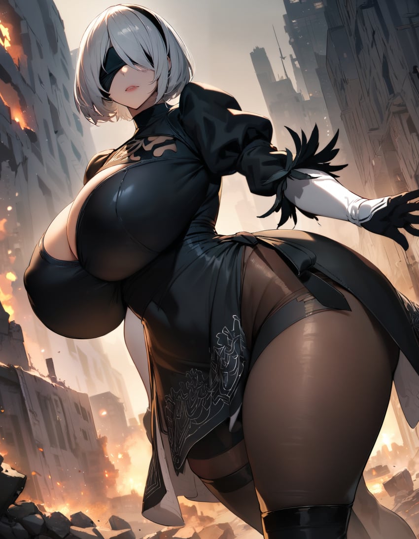 1girls ai_generated alternate_breast_size black_dress blindfold curvy destroyed_building detailed_background dress expressionless from_below gigantic_breasts gloves huge_ass huge_breasts leggings massive_thighs mature_female narrow_waist nier:_automata nier_(series) night_sky panties rubble smoke solo stable_diffusion thick_thighs video_games walking wide_hips xenomon yorha_2b