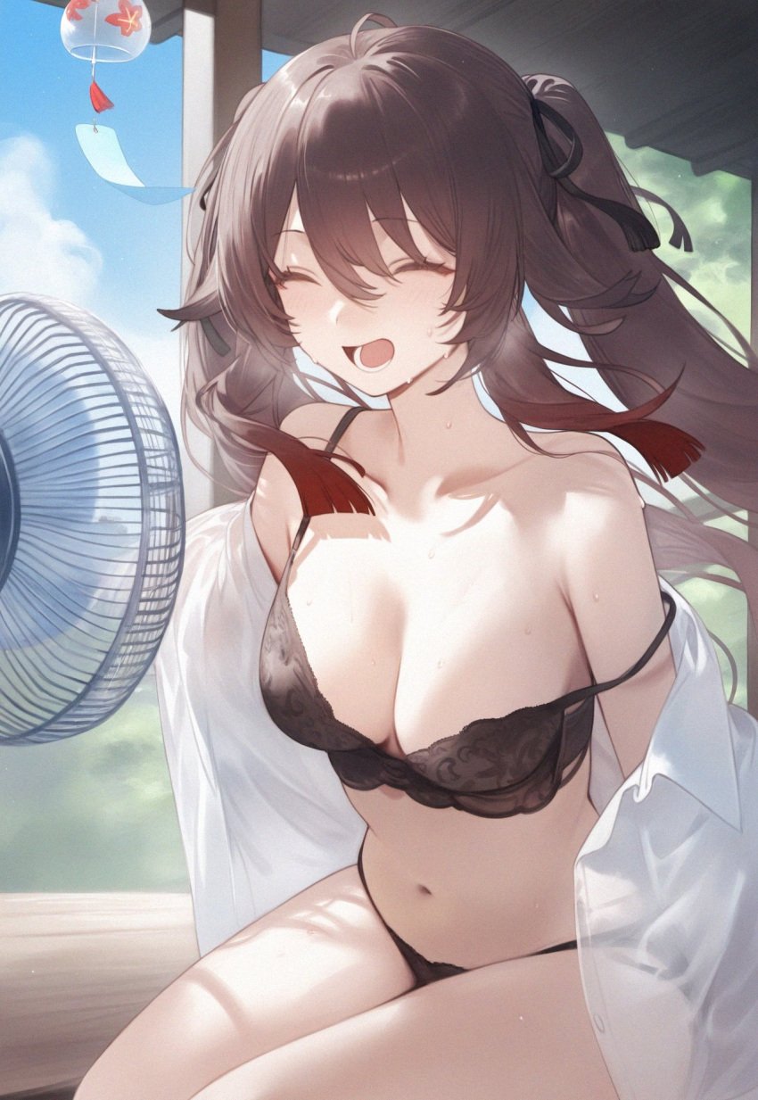 1girls ai_generated black_bra black_panties bra breasts brown_hair closed_eyes electric_fan female female_only genshin_impact hu_tao_(genshin_impact) open_mouth panties setsumanga small_breasts solo strap_slip sweat twintails underwear