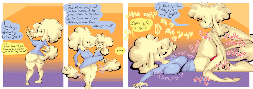 anthro ass big_breasts big_butt bootlegjones bottomless breasts brother_(lore) brother_and_sister_(lore) caleb_(bootlegjones) canid canine canis caroline_(bootlegjones) clothed clothing comic dialogue domestic_dog duo english_text female fur genitals hi_res huge_breasts huge_butt incest_(lore) male male/female mammal orange_background penetration penis poodle red_penis sex sibling_(lore) simple_background sister_(lore) tail text thick_thighs vaginal_penetration vaginal_penetration yellow_body yellow_fur