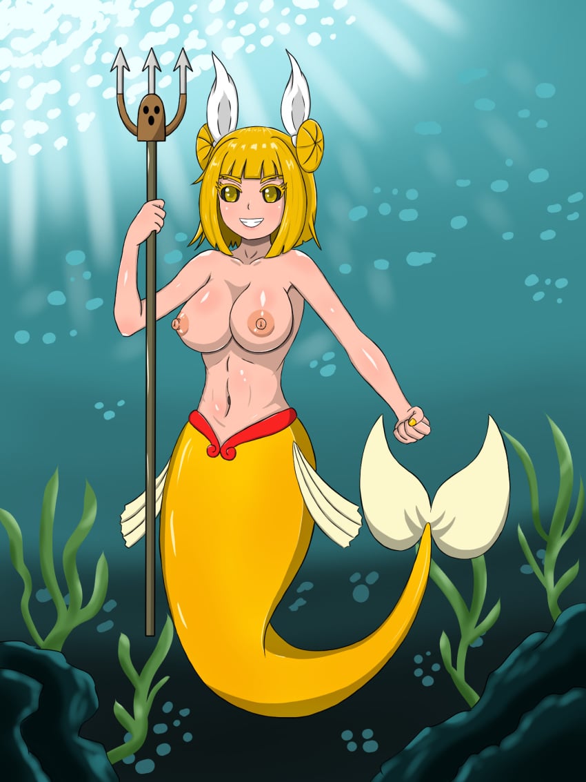 arrashi female large_breasts mayumi_joutouguu mermaid mermaid_tail midriff navel nipples post_transformation toned_stomach touhou transformation wide_hips