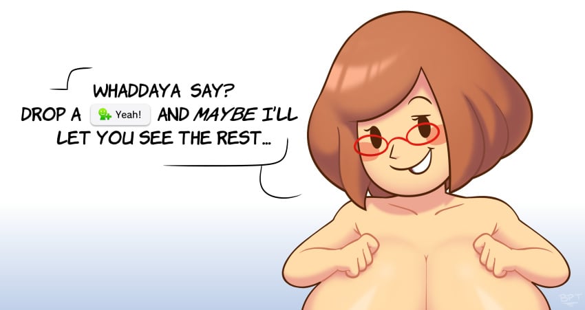 1girls artist_signature bangs bare_shoulders big_breasts black_hair blush blush_stickers breasts brown_hair brush_pen_ten cleavage completely_nude dialogue english_text eyelashes female glasses grin hand_on_breast hands_on_breasts huge_breasts large_breasts looking_at_viewer miiverse mob_face nikki_(swapnote) nintendo nude raised_eyebrow short_hair smile solo speech_bubble swapnote text yeah!_(miiverse)