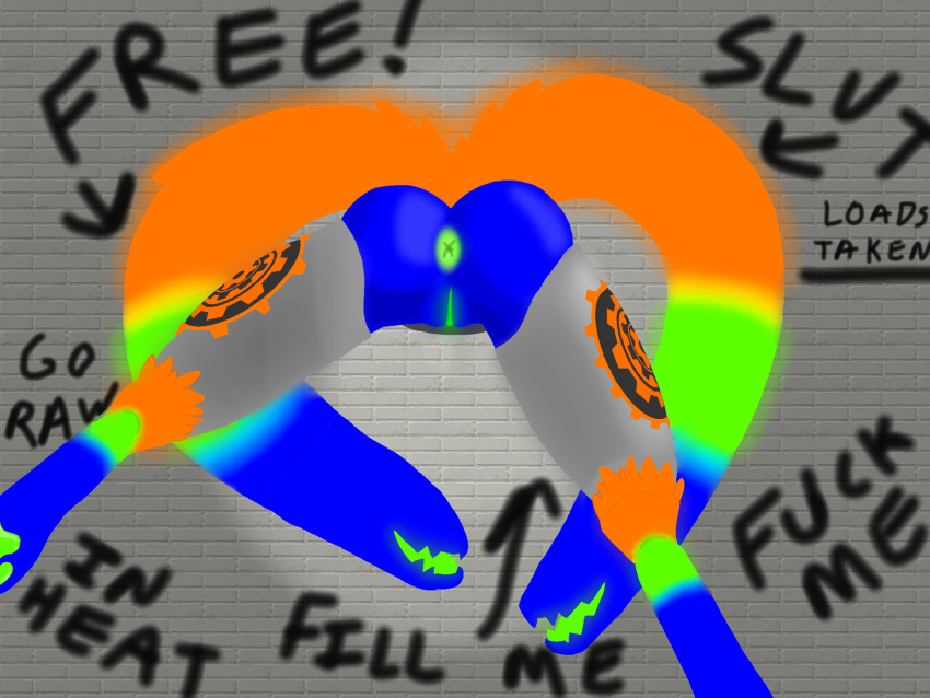 4:3 animal_genitalia anthro anus ass blue_body blue_fur digital_media_(artwork) fur genital_slit genitals glowing glowing_anus glowing_body glowing_fur glowing_mouth glowing_slit graffiti green_body green_fur gynomorph hi_res intersex living_tail machine multi_tail orange_body orange_fur pawpads protogen protogen_armor public public_use solo sprocket_(sprocket_the_proto) sprocket_the_proto tail through_wall unusual_anatomy unusual_tail