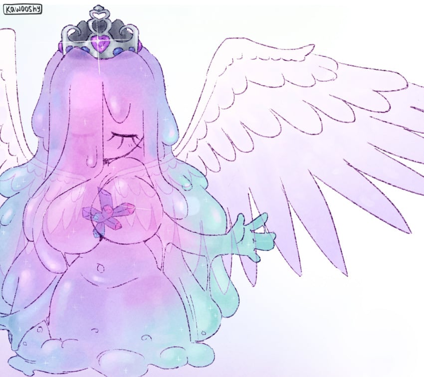 1girls 2024 alternate_version_available angel_wings big_breasts breasts closed_eyes crown eyelashes featureless_breasts female front_view hair_over_one_eye hourglass_figure kawooshy long_hair monster_girl no_nipples one_eye_obstructed pink_body queen_slime queen_slime_(terraria) slime slime_(substance) slime_girl solo terraria thick_thighs wide_hips wings