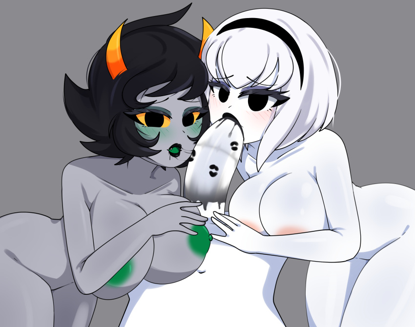 1boy 2girls blowjob collaborative_fellatio fellatio ffm_threesome homestuck kanaya_maryam lipstick lipstick_mark lipstick_on_penis multiple_girls phasmomo rose_lalonde teamwork threesome