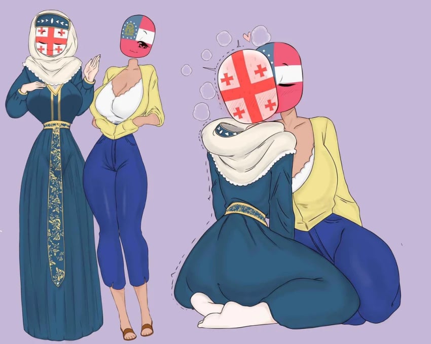 big_breasts blush countryhumans countryhumans_girl flawsy georgia_(countryhumans) georgia_(statehumans) heart hourglass_figure jeans kneeling sandals statehumans statehumans_girl steam tan_skin traditional_clothes white_bra white_skin yellow_shirt yuri