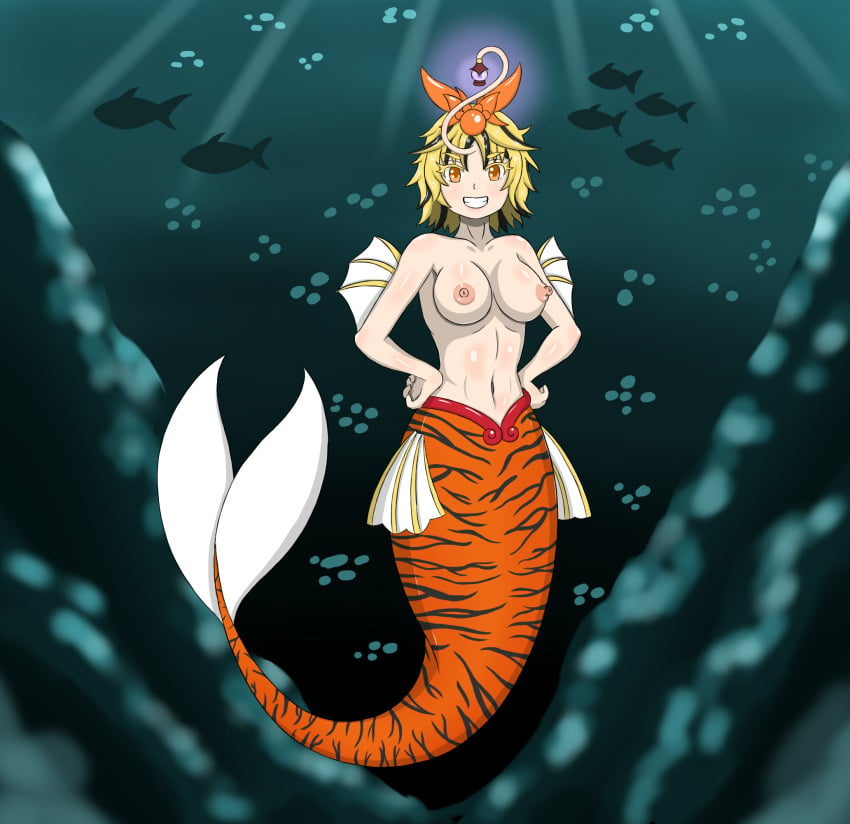 arrashi female large_breasts mermaid mermaid_tail midriff navel nipples post_transformation toned_stomach toramaru_shou touhou transformation wide_hips