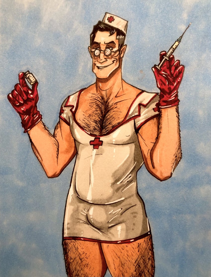 1boy bulge bulge_through_clothing chest_hair crossdressing dilf doctor_sex hairy lingerie male_focus male_only medic medic_(team_fortress_2) nurse_uniform team_fortress_2 theatrebag traditional_media_(artwork)