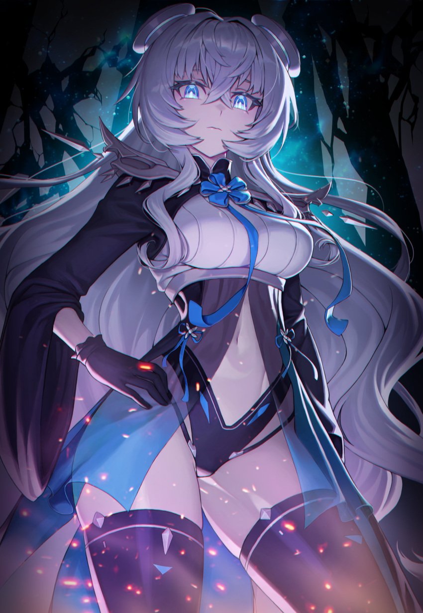 absurdres black_gloves black_shrug black_sleeves black_thighhighs blue_eyes blue_ribbon breasts chromatic_aberration closed_mouth commentary commission contrapposto cosplay counter:side crossed_bangs dark diestro embers expressionless female gloves glowing glowing_eyes hand_on_own_hip headgear highres horizon_(counter:side) long_hair long_sleeves looking_at_viewer looking_down medium_breasts navel neck_ribbon replacer_queen replacer_queen_(cosplay) revealing_clothes ribbon see-through shrug_(clothing) solo standing thighhighs thighs underbust variant_set very_long_hair wavy_hair white_hair wide_sleeves