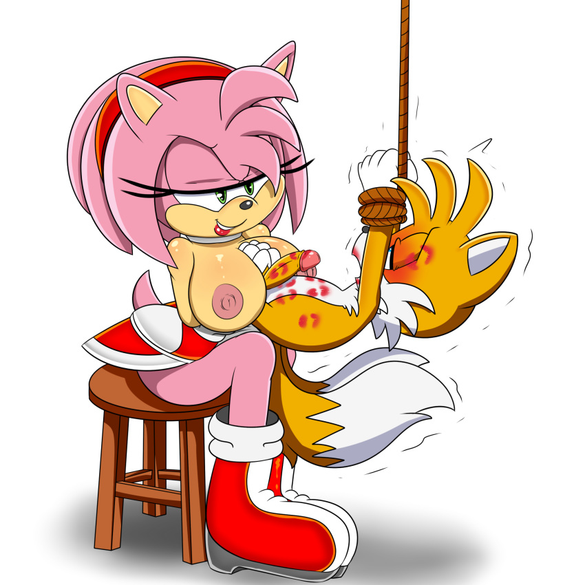 2017 amy_rose anthro areola ball_fondling big_breasts breasts canine digitaldomain123 duo erect_nipples erection female fox hedgehog kiss_mark male mammal nipples paizuri penis sex smile sonic_(series) soulteam suspended_paizuri tails