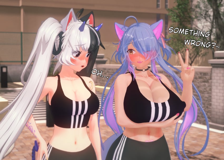 2girls 3d ahoge big_breasts black_and_white_hair black_hair blue_hair blush breasts cat_ears cat_tail catgirl choker cleavage deluxe_rosie demon_horns demon_tail dialogue female female_only horns huge_breasts indie_virtual_youtuber light-skinned_female light_skin lipstick long_hair looking_at_breasts medium_breasts miwo_(vtuber) multicolored_hair nipple_bulge no_bra open_mouth outdoors parted_lips peace_sign pink_hair pink_nails pubic_tattoo public rosie_(vtuber) standing tail tan-skinned_female tan_body tan_skin tank_top tattoo thin_waist tight_clothing twintails virtual_youtuber white_hair wink