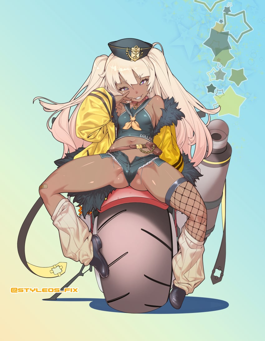 1girls ass azur_lane bache_(azur_lane) bandaid bandaid_on_knee belly belly_button belt blonde_hair blonde_hair_futa breasts bulge clothed clothing dark-skinned_female dark_body dark_skin eagle_union_(azur_lane) female female_only fur_jacket grin grinning grinning_at_viewer hands-free hat hi_res high_resolution purple_eyes shoes shoulders small_breasts solo stockings thighs tire tomoyuki_kotani uncensored vehicle yellow_jacket yellow_ribbon