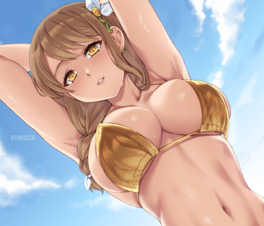 1girls alternate_costume armpits arms_behind_head bikini braid braided_ponytail breasts brown_hair cleavage female female_only fire_emblem fire_emblem_engage from_below gold_bikini gold_swimsuit goldmary_(fire_emblem) hair_ribbon highres large_breasts long_hair looking_at_viewer looking_down navel nintendo outdoors ribbon shiny_swimsuit sideboob skindentation smile solo swimsuit symoca underboob white_ribbon yellow_bikini yellow_eyes yellow_swimsuit