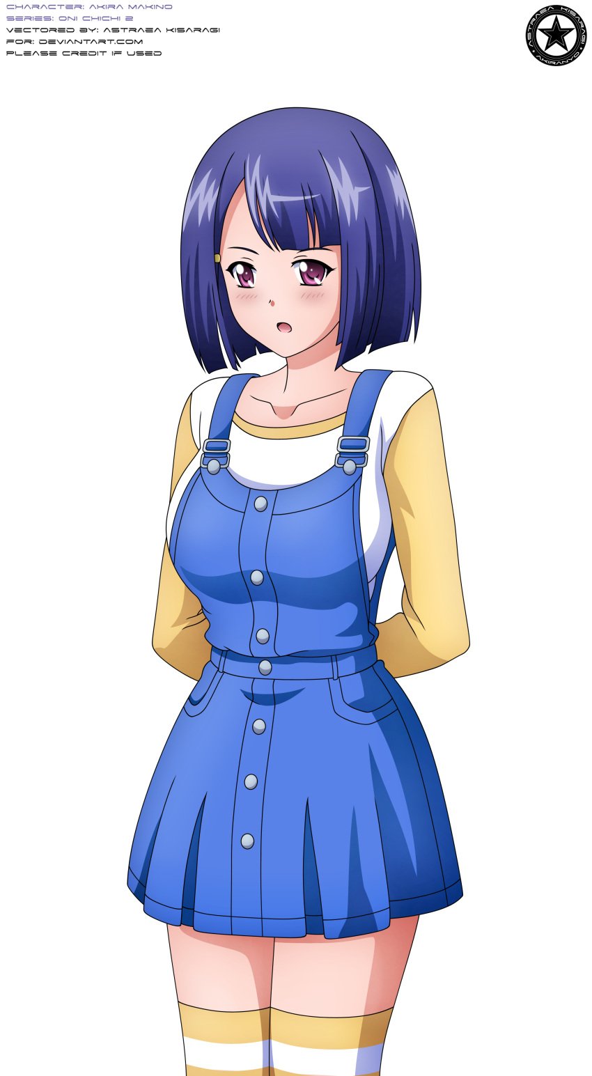 2017 akiranyo arms_behind_back artist_logo artist_name blush character_name english_text makino_akira oni_chichi oni_chichi_2 purple_eyes purple_hair_female romper striped_stocking talking text transparent_background vector_trace work_name