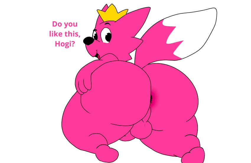 2024 anthro anus ass balls bedroom_eyes big_butt black_eyes black_nose canid canine canis crown digital_media_(artwork) english_text eyebrows fox fur genitals hand_on_butt hand_on_own_butt headgear hi_res looking_back male mammal narrowed_eyes penis pink_body pink_ears pink_fur pink_tail pinkfong_(character) presenting presenting_hindquarters pupsnbuns raised_eyebrow seductive simple_background solo tail text thick_thighs tongue two_tone_tail white_background white_tail