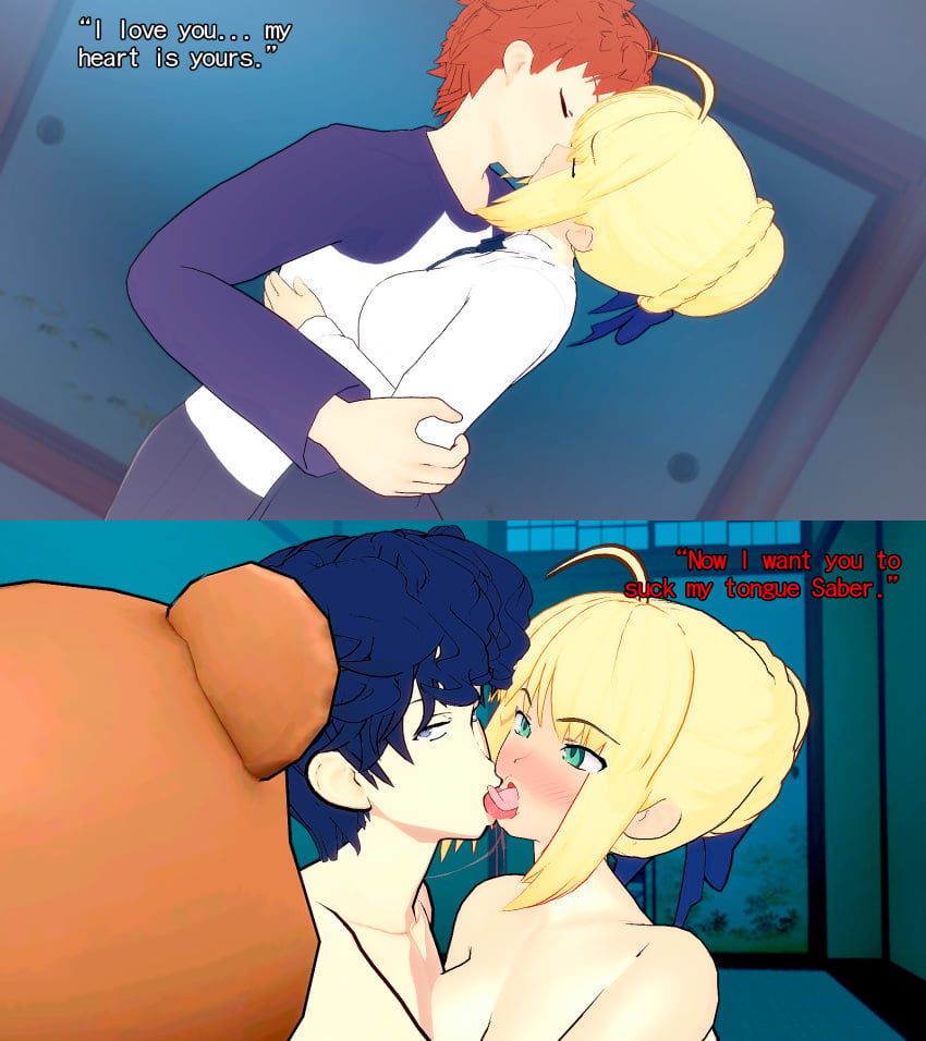 artoria_pendragon before_and_after blonde_hair cuckold drolling emiya_shirou fate/stay_night fate_(series) french_kiss green_eyes koikatsu lordem matou_shinji netorare saliva_trail