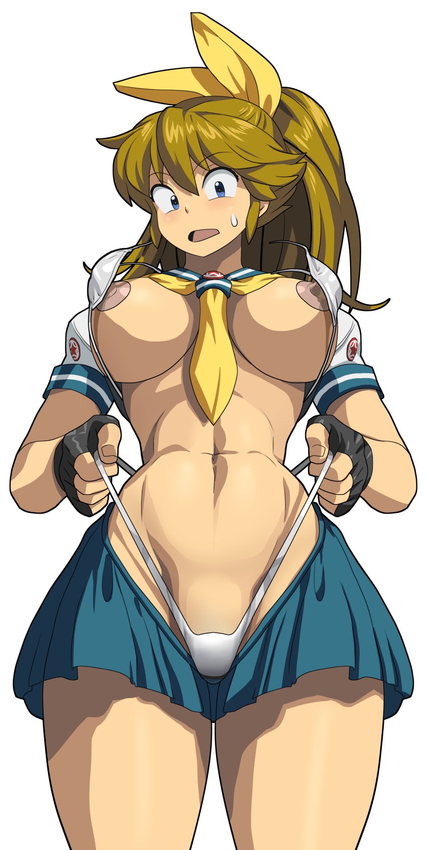 bikini bikini_pull black_gloves blue_eyes bow breasts brown_hair clothes_pull cowboy_shot embarrassed female fingerless_gloves gloves hair_between_eyes hairbow highres large_breasts long_hair m.u.g.e.n micro_bikini mugen_ryuko navel nipples oggy_(oggyoggy) open_mouth original ponytail puffy_nipples reverse_outfit string_bikini surprised sweatdrop swimsuit teenage_girl teenager transparent_background wardrobe_malfunction white_background white_bikini yellow_bow