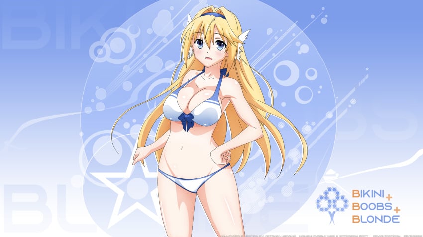 2020 4k akiranyo artist_name bikini blonde_hair_female blue_eyes blue_headband blue_trim elcia_harvence english_text hand_on_hip jpeg koikishi_purely_kiss shiny_skin text vector_trace wallpaper white_bikini winged_hair_ornament winged_hairband work_name