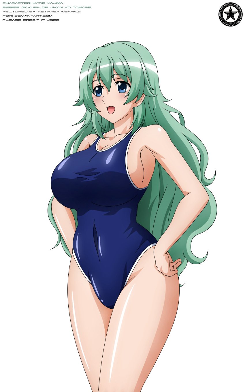 2018 akiranyo artist_logo artist_name big_breasts blue_eyes blue_swimsuit blush character_name english_text gakuen_de_jikan_yo_tomare green_hair_female hands_on_hips katie_majima long_hair one-piece_swimsuit shiny_skin text transparent_background vector_trace work_name