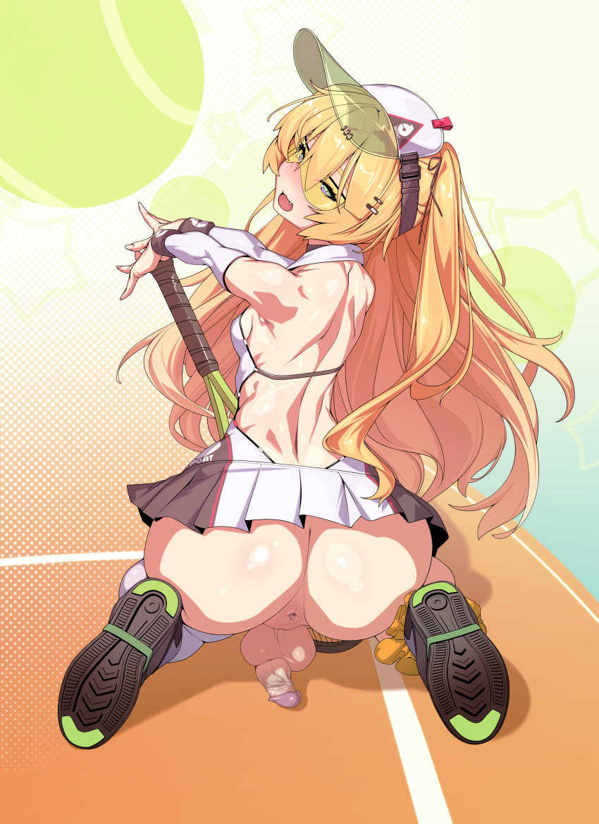 1futa ass azur_lane bache_(azur_lane) blonde_hair cap cock-tail dickgirl erection futa_only futanari hair_between_eyes hair_ornament hair_ribbon intersex kneeling long_hair penis solo testicles tomoyuki_kotani