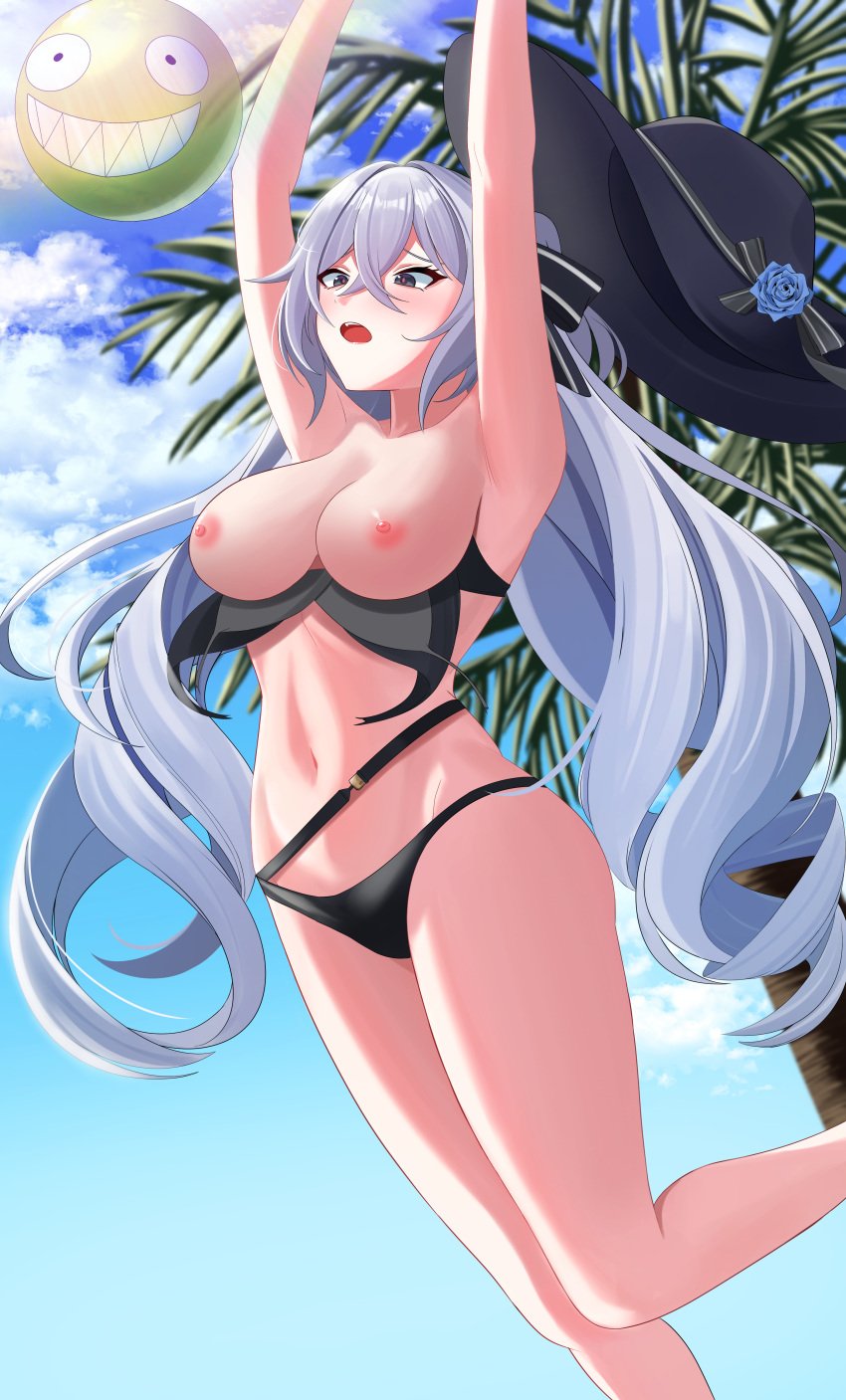 1girls aircell ass bangs bare_shoulders beach big_breasts bikini bikini_malfunction bikini_top_down black_bikini black_hat blue_sky blush breasts breasts_exposed breasts_out bronya_zaychik bronya_zaychik_(silverwing:_n-ex) clouds crossed_bangs drill_hair embarrassed fanbox_reward female female_focus female_only grey_eyes grey_hair hair_between_eyes hands_up hat high_resolution highres honkai_(series) honkai_impact_3rd jumping large_breasts light-skinned_female light_skin long_hair nipples no_sex open_mouth outdoors slim_waist sunny thick_thighs thighs topless twin_drills uncensored very_long_hair volleyball