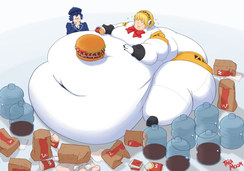 2girls aigis_(persona) bbw fat fat_ass fat_rolls female huge_ass huge_thighs hyper_belly massive_belly morbidly_obese multiple_girls persona persona_3 robot_girl ssbbw takamoom thighs weight_gain