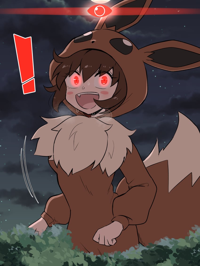 alpha_pokémon alpha_pokegirl blush brown_hair eevee_(cosplay) glowing_eyes kurachi_mizuki nintendo npc_trainer poke_kid_(pokemon) pokemon pokemon_ss red_eyes