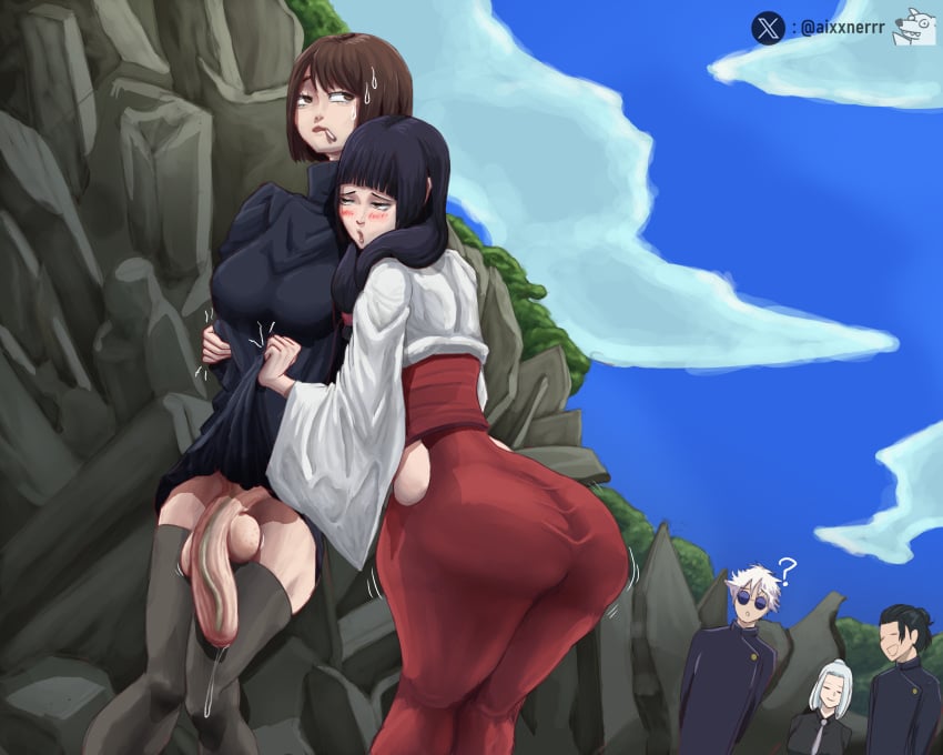 1futa 1girls aixxner ass ass_focus balls big_ass big_penis black_hair brown_hair clothed clothing couple dickgirl duo female flaccid flaccid_cock flaccid_penis futa_on_female futanari horny huge_ass huge_cock human imminent_sex jujutsu_kaisen leaking_precum light-skinned_female light-skinned_futanari light_skin long_penis mei_mei_(jujutsu_kaisen) mostly_clothed penis penis_out precum satoru_gojo shoko_ieiri skirt skirt_lift standing suguru_geto thick_thighs thighhighs utahime_iori veiny_penis wide_hips yuri