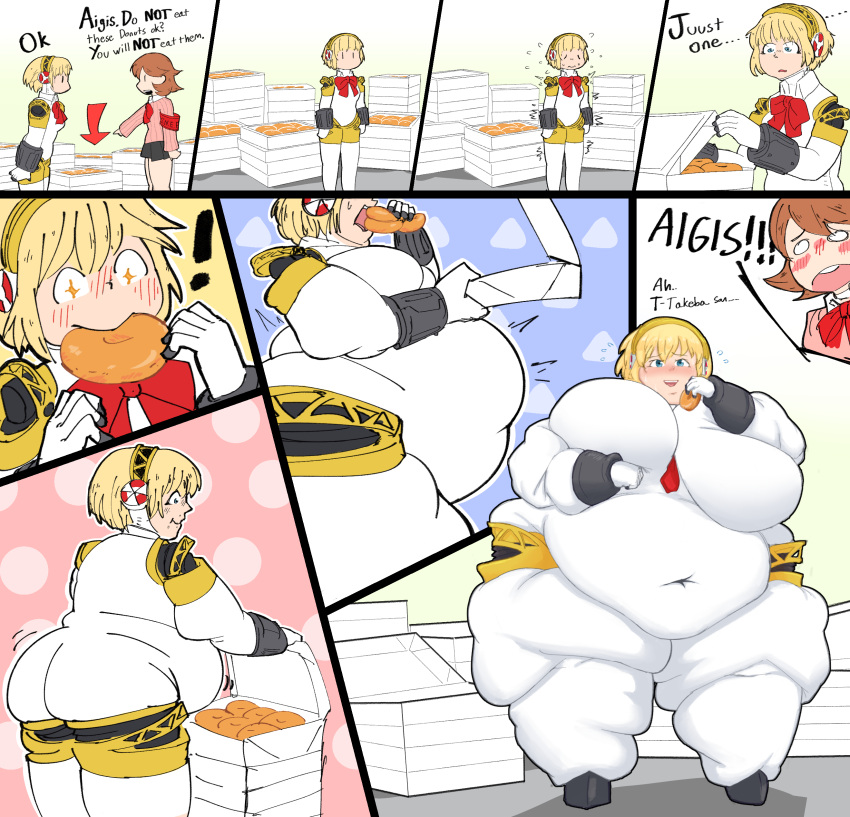 2girls aigis_(persona) bbw breasts breasts_bigger_than_head fat fat_rolls female huge_breasts multiple_girls obese obese_female persona persona_3 robot_girl takamoom weight_gain yukari_takeba