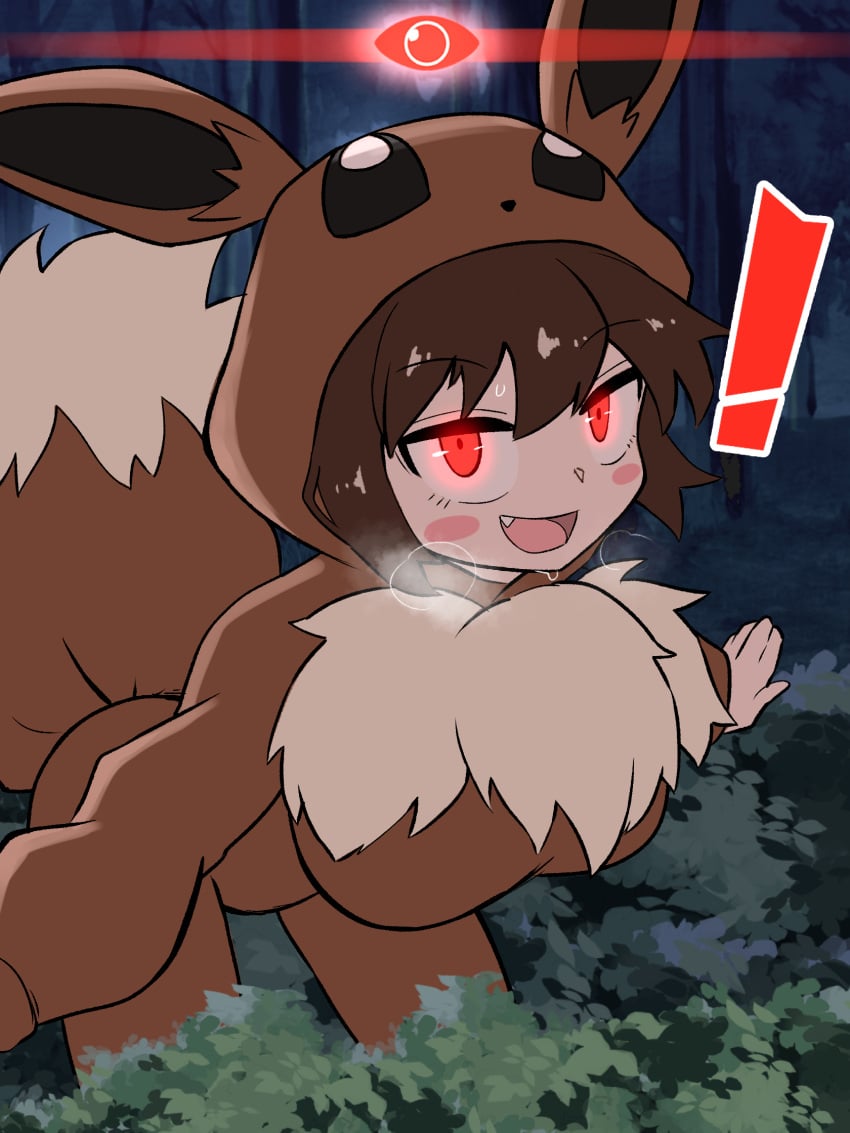 alpha_pokémon big_breasts blush brown_hair eevee_(cosplay) glowing_eyes kurachi_mizuki poke_kid_(pokemon) pokemon pokemon_ss red_eyes thick_thighs