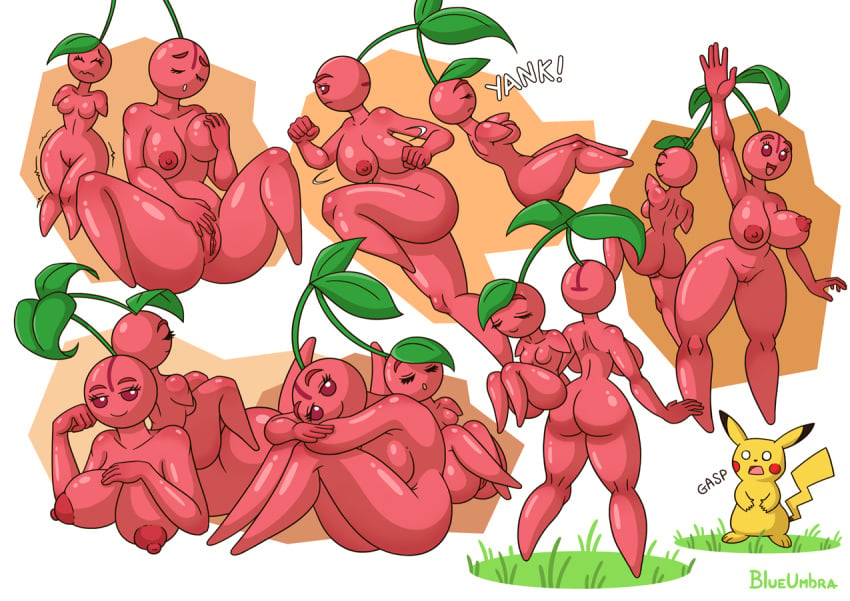 anthro armless ass big_butt blueumbra breasts cherry cherubi closed_eyes curvy_figure female food footless front_view fruit gasp generation_1_pokemon generation_4_pokemon genitals gesture grass group hourglass_figure humanoid jiggling leaf looking_at_viewer lying male male/female masturbation nintendo nipples nude onomatopoeia pikachu pink_body pink_nipples pink_skin plant pokemon pokemon_(species) purple_eyes pussy rear_view running simple_background sleeping small_breasts smile smiling_at_viewer sound_effects standing text venus_figure waving waving_at_viewer yank