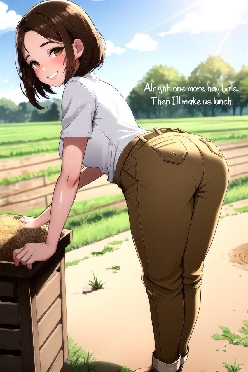 1boy 1boy1girl 1girls ai_assisted ai_generated anime_nose ass ass ass_focus ass_up blush breasts brown_eyes brown_hair brown_hair busty caption clouds day daytime english english_text farm farmgirl female_focus front_view hay hay_bale hazel_eyes huge_breasts huge_breasts huge_tits_teen large_breasts male_pov original original_character outdoors outside proud sagging_breasts sexy_pose short_hair sky small_but_busty smile soft_breasts solo_focus speech sunlight teen teenage_girl teenager text trees white_shirt work_uniform yellow_eyes young