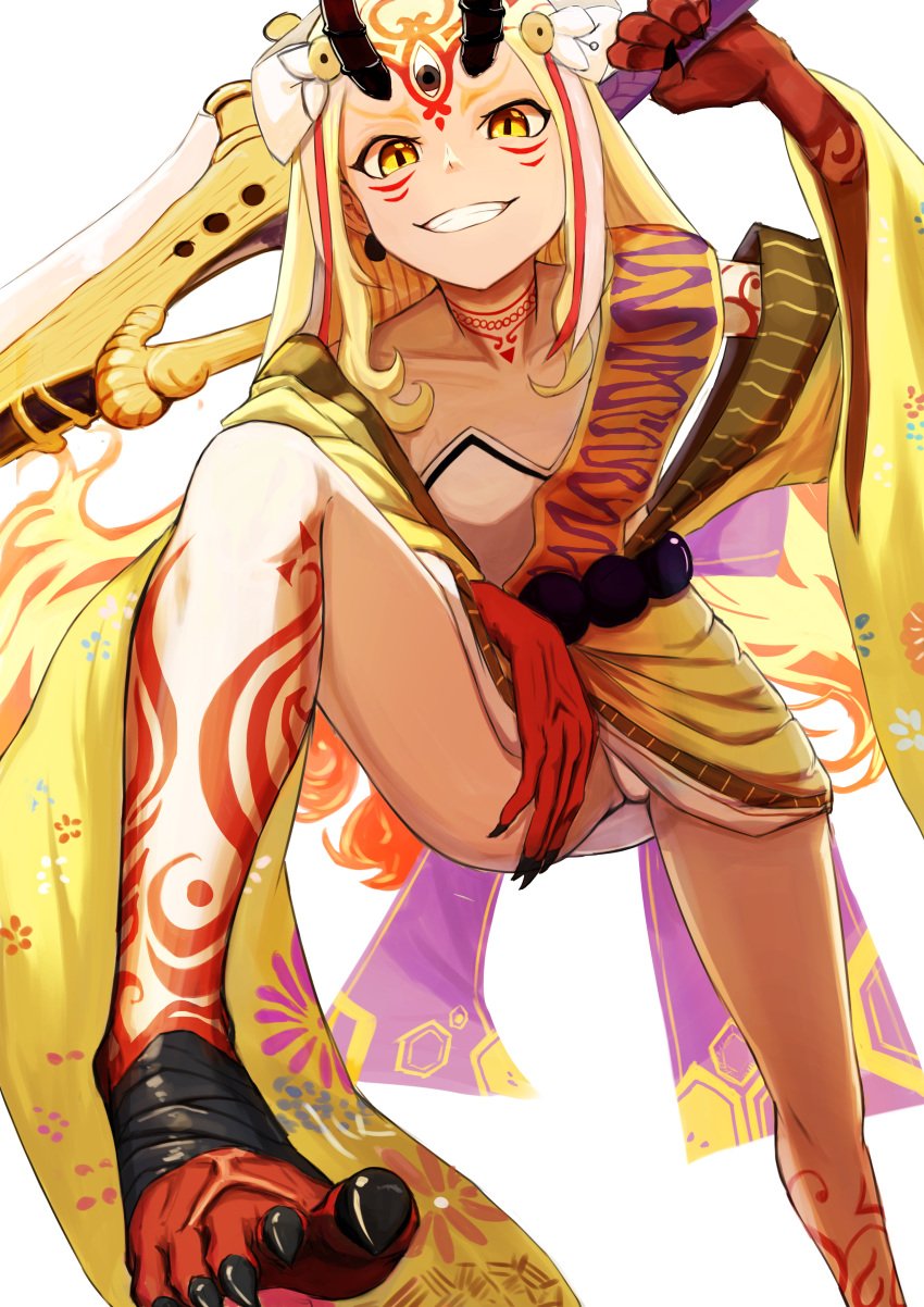 arm_tattoo beads black_nails blonde_hair collarbone facial_mark fate/grand_order fate_(series) feet female fingernails fire fon1996 foot_out_of_frame foot_wraps forehead_mark grin hand_on_own_thigh holding holding_sword holding_weapon horns ibaraki_douji_(fate) japanese_clothes kimono leg_tattoo long_hair looking_at_viewer nail_polish neck_tattoo panties pantyshot prayer_beads sash sharp_fingernails sharp_toenails simple_background smile solo stepping sword tattoo toenail_polish toenails toes underwear weapon white_background white_panties yellow_eyes yellow_kimono