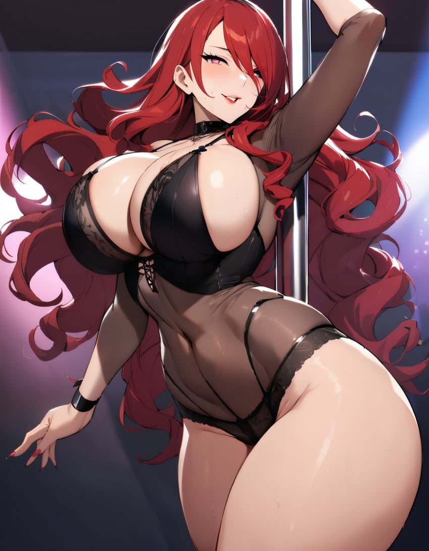 1girls ai_generated alternate_breast_size atlus bouncing_breasts curvy dancing detailed_background disco_ball heart-shaped_pupils huge_breasts lingerie looking_at_viewer mature_female mitsuru_kirijo narrow_waist persona persona_3 pole_dancing red_hair seductive_smile see-through solo spotlight stable_diffusion stripper stripper_pole thick_thighs video_games wide_hips xenomon