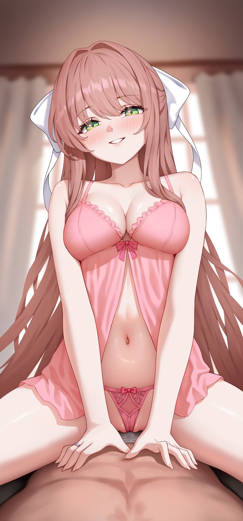 1boy 1girls blush breasts brown_hair cowgirl_position doki_doki_literature_club duo female lingerie long_hair male monika_(doki_doki_literature_club) panties secon smile straddling thighs underwear