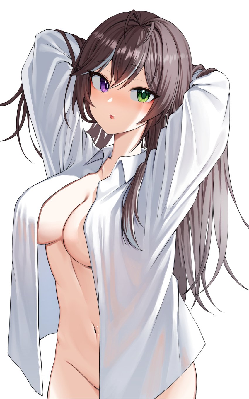 absurdres antenna_hair arms_behind_head arms_up blush bottomless breasts brown_hair chestnut_mouth cleavage collared_shirt commentary counter:side female green_eyes groin hair_between_eyes hair_intakes heterochromia highres karin_wong large_breasts long_hair long_sleeves looking_at_viewer multicolored_hair naked_shirt navel open_clothes open_mouth open_shirt purple_eyes raised_eyebrows shirt simple_background solo standing stomach streaked_hair white_background white_hair white_shirt wldrns232