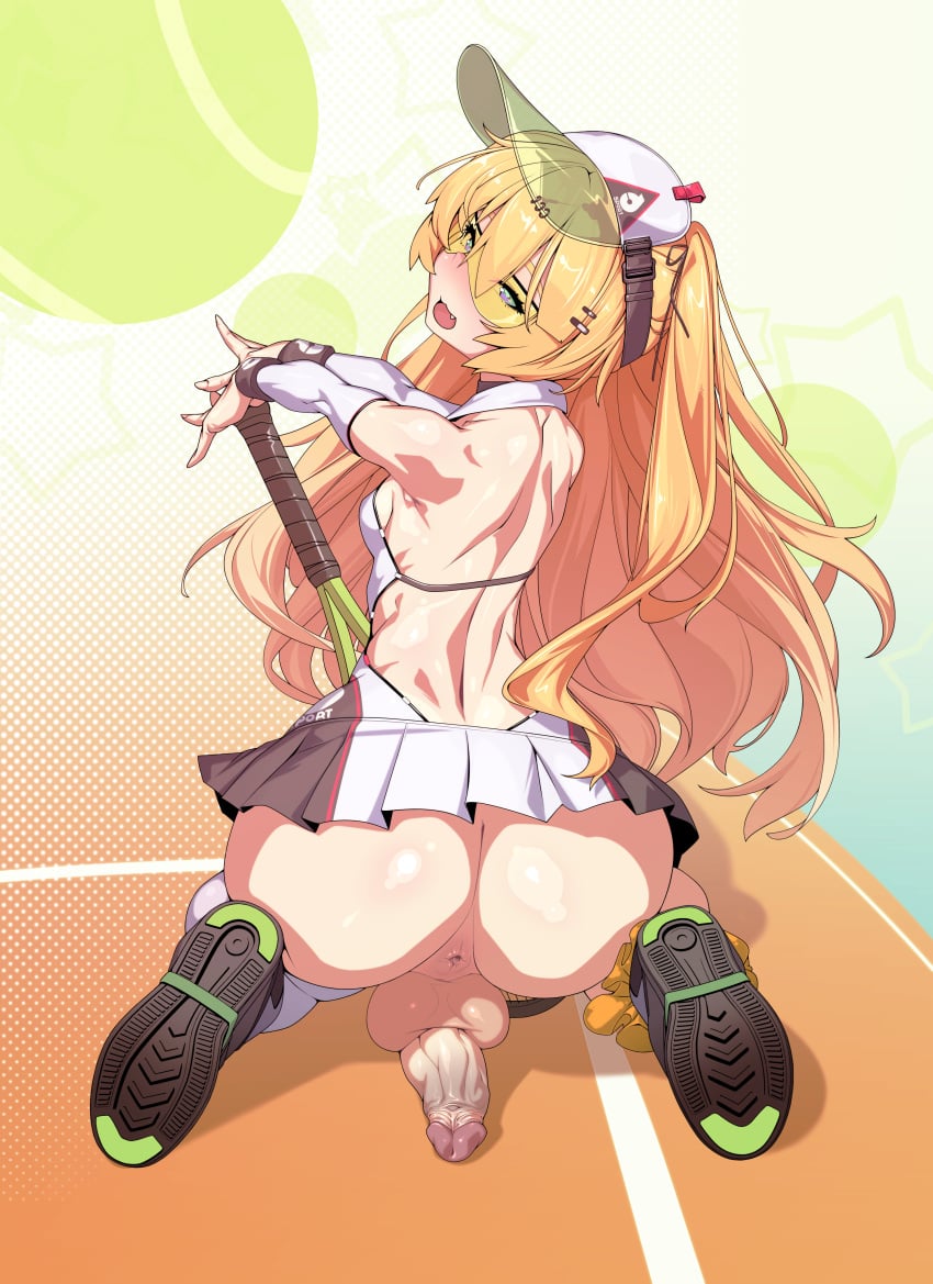 1futa ass azur_lane bache_(azur_lane) blonde_hair cap cock-tail dickgirl erection futa_only futanari hair_between_eyes hair_ornament hair_ribbon intersex kneeling long_hair penis solo testicles tomoyuki_kotani