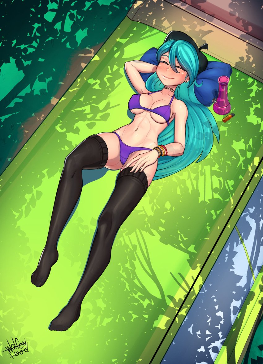 1girls aged_up beret bikini black_beret black_stockings blue_hair bong choker female hilda_(hilda) hilda_(series) lying_on_back netflix outdoors pillow purple_bikini purple_swimsuit relaxing shadows smile solo stockings swimsuit teal_hair toned_female underboob wolfenhood