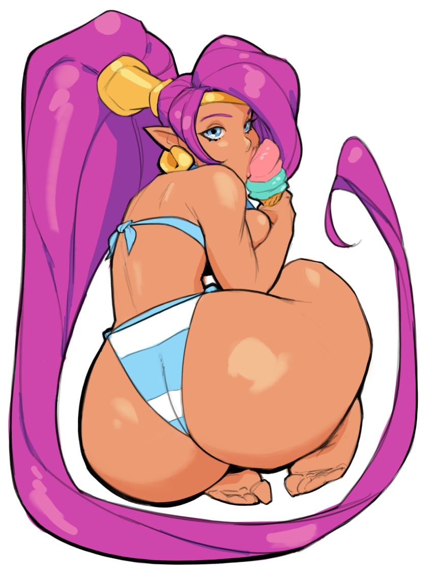 1girls 2023 ass bare_legs bare_shoulders barefoot bikini blue_eyes breasts dat_ass earring gold_jewelry halter_bikini huge_ass ice_cream kneeling large_ass large_breasts licking_ice_cream looking_at_viewer niconuva pink_lipstick pointy_ears ponytail purple_hair shantae shantae_(character) striped_bikini suggestive swimsuit teenager thick_lips thighs thong thong_bikini very_long_hair wide_hips