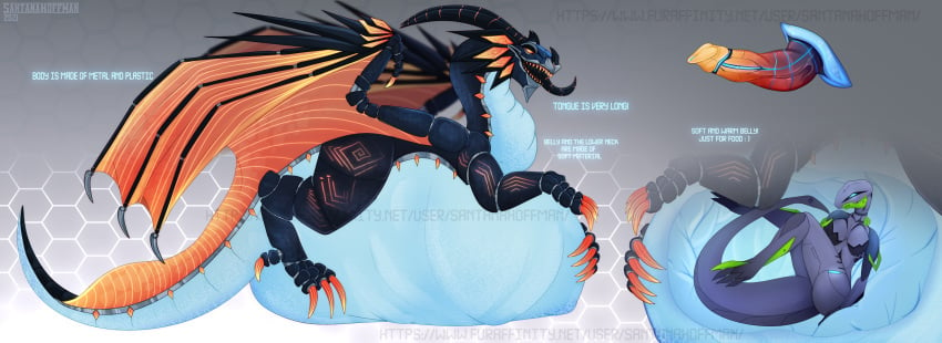 anthro belly big_belly black_body black_horn blue_body blue_eyes blue_tail dragon duo erection female feral genitals gradient_penis grey_body hi_res horn huge_belly internal machine male markings membrane_(anatomy) membranous_wings model_sheet mythological_creature mythological_scalie mythology narrowed_eyes open_mouth orange_body orange_eyes orange_markings orange_penis orange_tail orange_teeth orange_wings pattern_background penis red_penis robot santanahoffman scalie sharp_teeth side_view simple_background species_request tail teeth vore wings