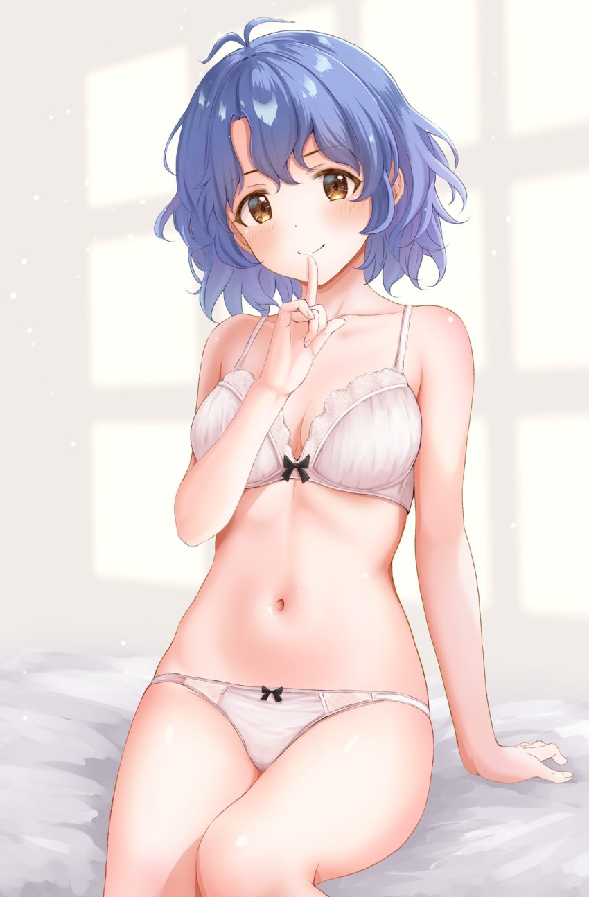 ahoge bed_sheet blue_hair blush brown_eyes ca_paria cute cute_face cute_girl female idolmaster idolmaster_million_live! navel short_hair smile solo toyokawa_fuuka wavy_hair white_background white_underwear window_light