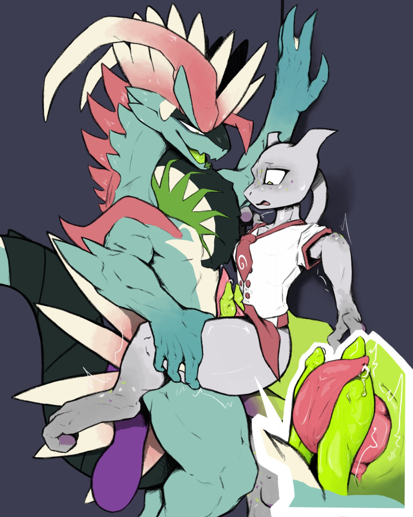 2_penises against_surface against_wall ancient_pokemon animal_genitalia animal_penis anthro anthro_on_anthro bodily_fluids bottomless clothed clothing diphallia diphallism duo erection frottage generation_1_pokemon generation_9_pokemon genital_fluids genitals green_body green_penis hemipenes hi_res interspecies koraidon legendary_pokemon male male/male membrane_(anatomy) mewtwo multi_genitalia multi_penis muscular muscular_male nintendo nude paradox_pokemon penile penis pokemon pokemon_(species) precum scalie sex thorny uniform waiter webbed_hands wheel