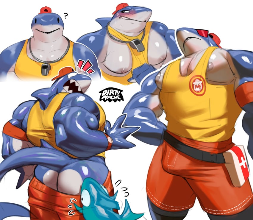 anthro ass blush bulge clothing dirtymache fish fortnite hi_res male male_only marine multicolored_body multicolored_skin muscular muscular_male nipples pecs safety_first_steve_(fortnite) shark shark_tail shirt shocked swimming_trunks swimming_trunks_down swimwear tank_top topwear two_tone_body two_tone_skin whistle_around_neck