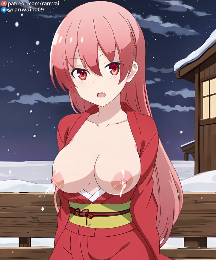 ai_generated anime breasts_out kimono lactation ranwai red_eyes red_hair stable_diffusion tonikaku_kawaii yuzaki_tsukasa