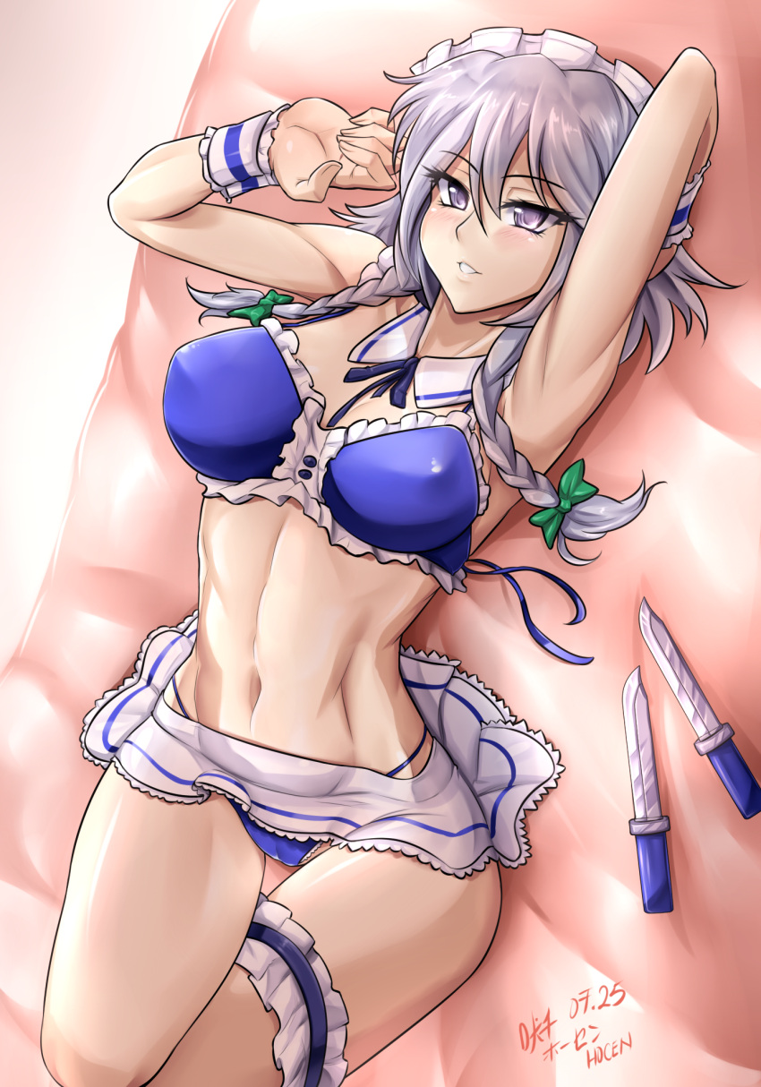 armpits beltskirt big_breasts cleavage detached_collar female hocen large_ass large_breasts midriff navel revealing_clothes sakuya_izayoi thick_thighs thigh_strap touhou wide_hips wrist_cuffs