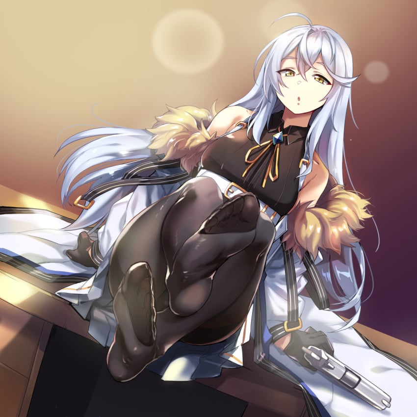 ahoge black_pantyhose black_shirt blouse counter:side disdain feet full_body fur-trimmed_jacket fur_trim gaeun_(counter:side) gun hair_between_eyes handgun highres jacket pantyhose pistol shirt sitting sleeveless sleeveless_shirt solo thighhighs thighs weapon white_hair yellow_eyes