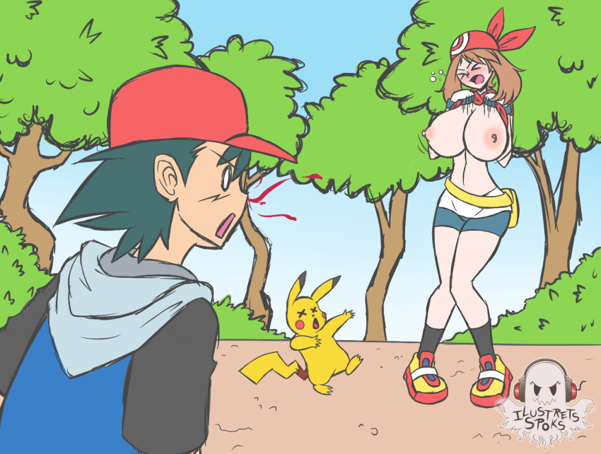 1boy 1girls bag bandana belt black_hair blood blush breasts brown_hair closed_eyes embarrassed female gloves hat huge_breasts human human_only ilustretsspoks male may_(pokemon) navel nintendo nipples nosebleed open_mouth outdoors pikachu pokemon pokemon_rse satoshi_(pokemon) shirt_lift short_hair shorts sneakers speed_lines straight text x_x